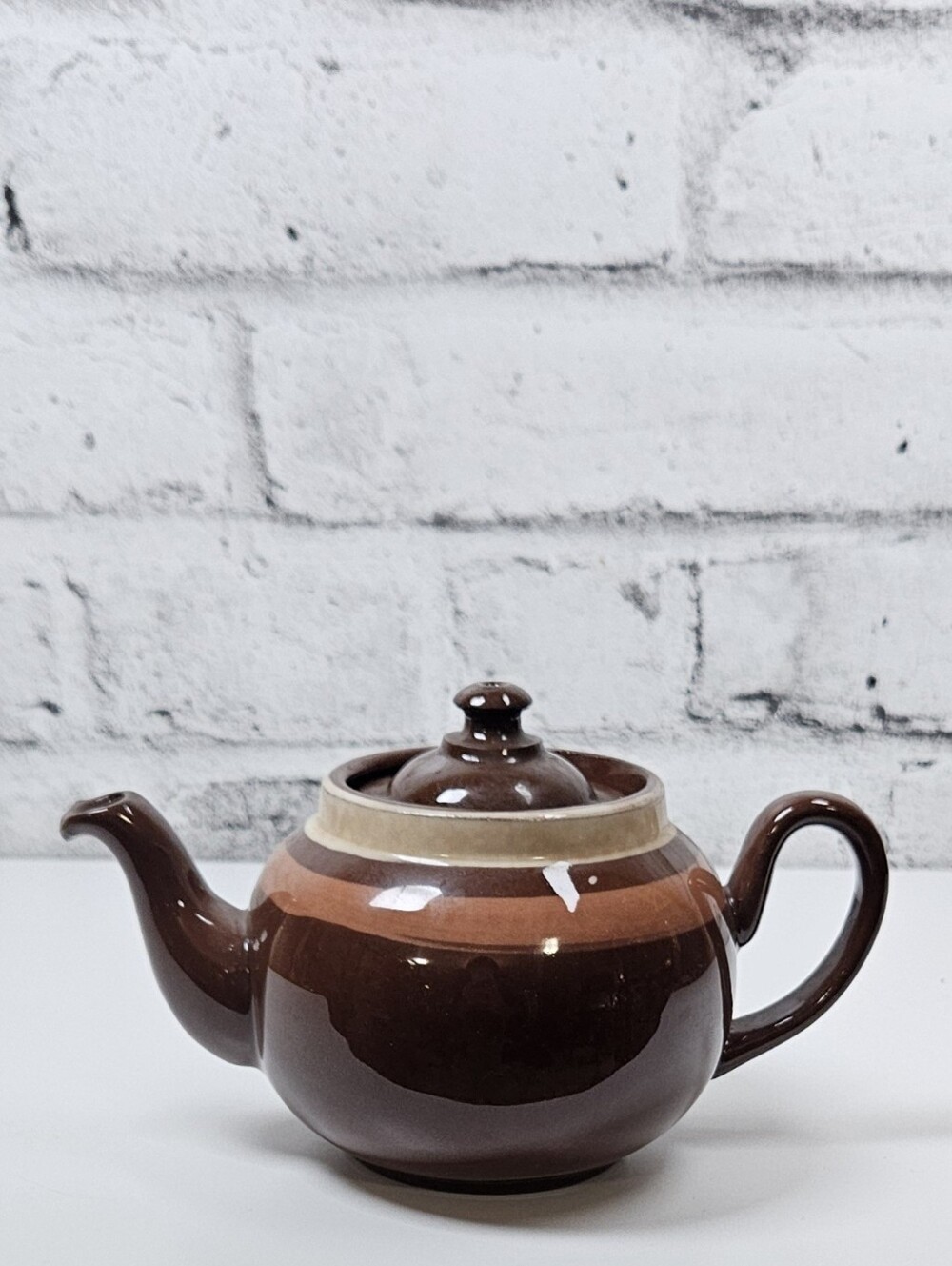 Vintage LB England Brown Betty Teapot Brown Glazed Striped Ceramic With Lid